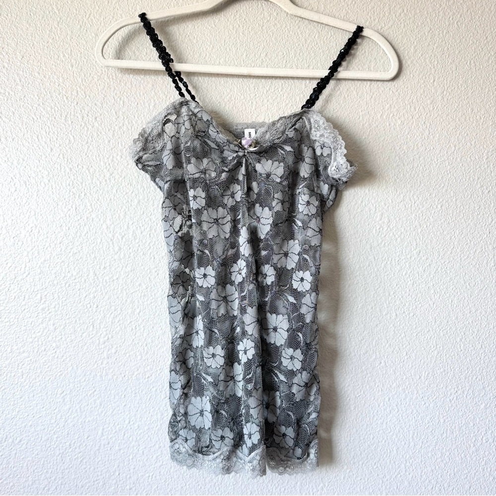Secrets Y2K Lace Cami Sheer Top Sequin Straps Coquette